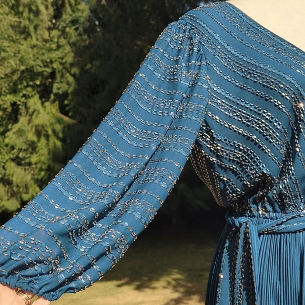 True Vintage Jack Bryan 70's Hollywood Glam Chevron Beaded Pleated Maxi 10/12 - Picture 7 of 16